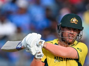 Australia's David Warner plays a shot during the 2023 ICC Men's Cricket World Cup one-day international (ODI) match between Australia and Bangladesh.