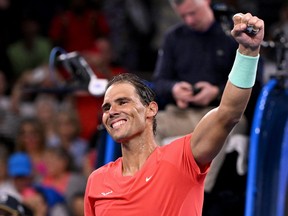 Spain's Rafael Nadal celebrates winning his men's singles match against Austria's Dominic Thiem at the Brisbane International.