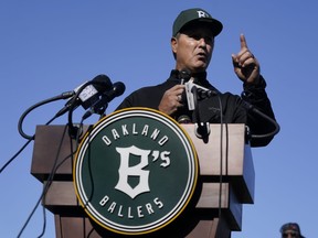Oakland Ballers executive vice president of baseball operations Don Wakamatsu speaks during a news conference.