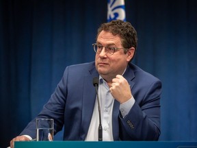 Quebec Education Minister Bernard Drainville at a news conference in Montreal on Tuesday, Jan. 9, 2024.