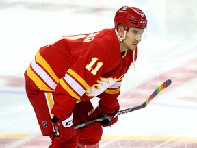 Calgary Flames' Mikael Backlund takes part in warm up before taking on the Ottawa Senators.