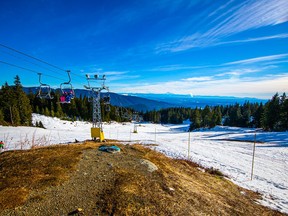 Snow conditions at Mt. Seymour on Jan. 14, 2023. The mountain was closed for skiing and snowboarding on Saturday because of rain. Another B.C. ski mountain has decided to close for the season because of the lack of snow.