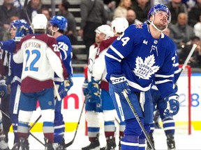 Toronto Maple Leafs centre Auston Matthews reacts during his team's loss to the Colorado Avalanche.