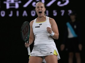 Anna Blinkova of Russia reacts after winning a point against Elena Rybakina of Kazakhstan at the Australian Open.
