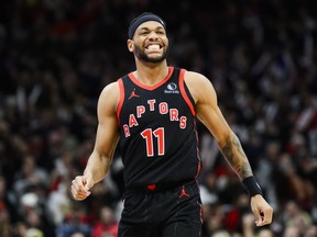 Toronto Raptors forward Bruce Brown reacts during Thursday's game against the Chicago Bulls.