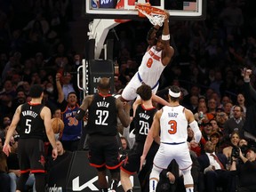 OG Anunoby of the New York Knicks dunks during against the Houston Rockets.