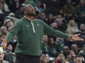 Milwaukee Bucks head coach Adrian Griffin reacts during a game earlier this year.