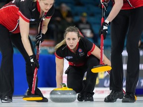 Rachel Homan watches her shot while playing Nova Scotia in the playoffs at the Scotties Tournament of Hearts, in 2023.