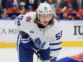 Tyler Bertuzzi of the Toronto Maple Leafs lines up for a face off.