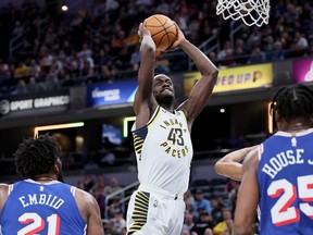 Pascal Siakam of the Indiana Pacers goes up for a dunk against the Philadelphia 76ers.