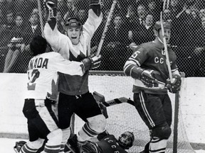 Paul Henderson celebrates scoring the winning goal in the 1972 Summit Series against the USSR.