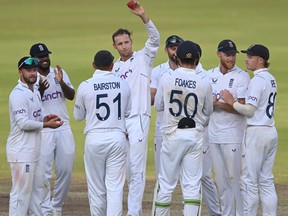 England bowler Tom Hartley celebrates after taking his 5th wicket of the innings vs. India.