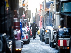 Lines of trucks on a downtown Ottawa street during the convoy protest in early 2022. A proposed class-action lawsuit is progressing with several lengthy motions and is still awaiting certification as a class action, lawyer Paul Champ says.