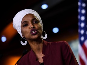 In this file photo taken on July 15, 2019, U.S. Representative Ilhan Abdullahi Omar speaks during a news conference.