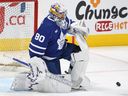 Keith Petruzzelli of the Toronto Maple Leafs warms up before a game against the Vegas Golden Knights in an NHL game at Scotiabank Arena on Nov. 8, 2022, in Toronto.