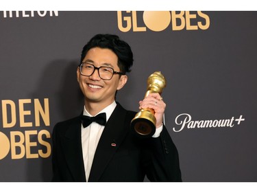 Lee Sung Jin, winner of the Limited Series, Anthology Series, or Motion Picture Made for Television award for "Beef," poses in the press room during the 81st Annual Golden Globe Awards at The Beverly Hilton on Jan. 7, 2024 in Beverly Hills, Calif.