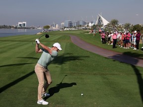Rory McIlroy of Northern Ireland tees off on the 18th hole on Day One of the Dubai Invitational at Dubai Creek Golf and Yacht Club on January 11, 2024 in Dubai, United Arab Emirates. (Photo by Warren Little/Getty Images)