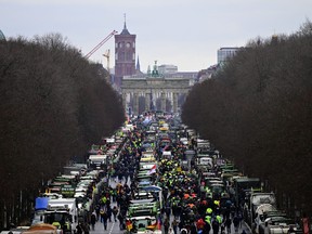 Tractors and trucks stand in front of Berlin's landmark the Brandenburg gate as in background can be seen the German capital's Red City Hall during a protest of farmers and truck drivers, on January 15, 2024 in Berlin. (Photo by JOHN MACDOUGALL/AFP via Getty Images)