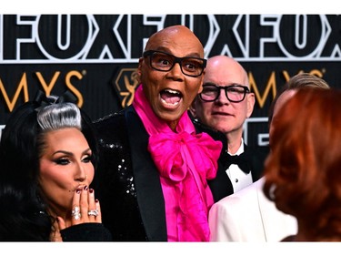 RuPaul Charles arrives for the 75th Emmy Awards at the Peacock Theatre at L.A. Live in Los Angeles on Jan. 15, 2024.