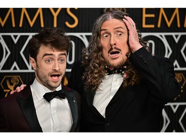 Daniel Radcliffe Al Yankovic arrive for the 75th Emmy Awards at the Peacock Theatre at L.A. Live in Los Angeles on Jan. 15, 2024.
