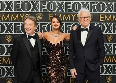 Martin Short, Selena Gomez and Steve Martin attend the 75th Primetime Emmy Awards at Peacock Theater on Jan. 15, 2024 in Los Angeles, Calif.