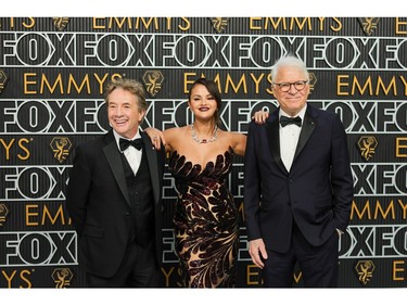 Martin Short, Selena Gomez and Steve Martin attend the 75th Primetime Emmy Awards at Peacock Theater on Jan. 15, 2024 in Los Angeles, Calif.