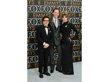 Ke Huy Quan, Tom Hiddleston and Sophia Di Martino attend the 75th Primetime Emmy Awards at Peacock Theater on Jan. 15, 2024 in Los Angeles, Calif.