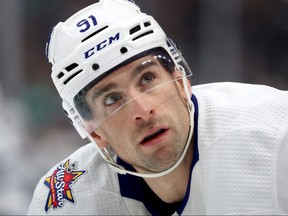 Maple Leafs' John Tavares looks on during the first period against the Seattle Kraken at Climate Pledge Arena on Jan. 21, 2024 in Seattle, Wash.