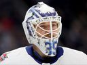Maple Leafs goaltender Ilya Samsonov looks on during the second period against the Seattle Kraken at Climate Pledge Arena on Jan. 21, 2024 in Seattle, Wash.