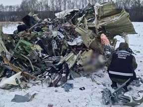 This grab taken from a handout footage released by the Russian Investigative Committee on Jan. 25, 2024 shows what investigators say is the Russian IL-76 military transport plane crash site in the Belgorod region.