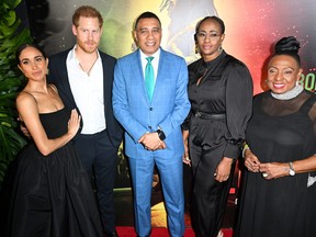 Meghan, Duchess of Sussex, Prince Harry, Duke of Sussex, Andrew Holness, Juliet Holness and Olivia Grange attend the Premiere of ?Bob Marley: One Love at the Carib 5 Theatre on Jan. 23, 2024 in Kingston, Jamaica.