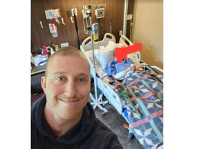 Bubba Pollock of London in a selfie pic apparently taken in 2023 in a palliative care room at Hotel-Dieu Grace Healthcare in Windsor with the father of Britt Leroux of Windsor. Andre Leroux’s face has been obscured in the circulated pic for privacy reasons. (Photo: Diversity ED)