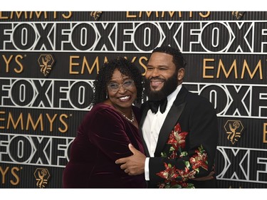 Doris Bowman, left, and Anthony Anderson arrive at the 75th Primetime Emmy Awards on Monday, Jan. 15, 2024, at the Peacock Theatre in Los Angeles.