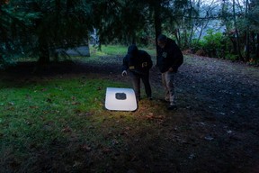 This handout image released by the National Transportation Safety Board (NTSB) shows agents inspecting the door plug from Alaska Airlines Flight 1282 on Jan. 8, 2024 after being found in Portland, Ore.