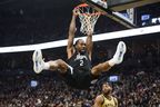 Los Angeles Clippers forward Kawhi Leonard (2) dunks during first half NBA basketball action against the Toronto Raptors, in Toronto on Friday, January 26, 2024. 