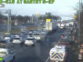 This image provided by the Maryland Transportation Authority shows a multi-vehicle crash on US-50 Bay Bridge in Maryland, on Saturday, Jan. 27, 2024.