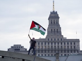 Un manifestant agite un drapeau.