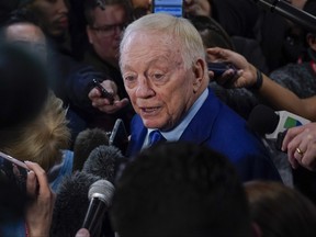 Dallas Cowboys owner Jerry Jones speaks to reporters following an the game between the Cowboys and the Green Bay Packers, Sunday, Jan. 14, 2024, in Arlington, Texas. The Packers won 48-32. (AP Photo/Sam Hodde)