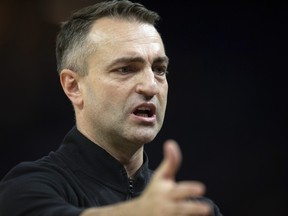 Toronto Raptors head coach Darko Rajakovic calls instructions to his players during the second quarter of an NBA basketball game against the Golden State Warriors, Sunday, Jan. 7, 2024, in San Francisco. (AP Photo/D. Ross Cameron)