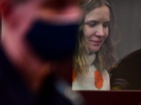 Darya Trepova, a woman charged with killing military blogger Vladlen Tatarsky in a bomb blast at a St. Petersburg cafe last April, attends her verdict hearing at a court in St. Petersburg on Jan. 25, 2024.