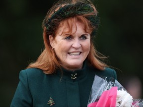 Sarah, Duchess of York smiles outside after attending the Royal Family's traditional Christmas Day service at St. Mary Magdalene Church on the Sandringham Estate in eastern England, on Dec. 25, 2023.