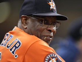 Houston Astros manager Dusty Baker watches during the first inning of Game 6 of the baseball AL Championship Series against the Texas Rangers Sunday, Oct. 22, 2023, in Houston.