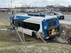 A MiExpress bus is seen in a ditch on Hwy. 27 south of Dixon Rd. after a collision on Jan. 2, 2024.