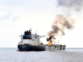This image shared on the X account of the Spokesperson of the Indian Navy shows the a fire aboard the MV Marlin Luanda.