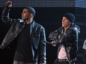 Drake, left, and Eminem perform during the Grammy Show at the 52nd Grammy Awards in Los Angeles, California on January 31, 2010.