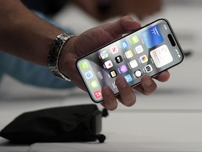 The iPhone 15 Pro is shown after its introduction on the Apple campus, Sept. 12, 2023, in Cupertino, Calif.