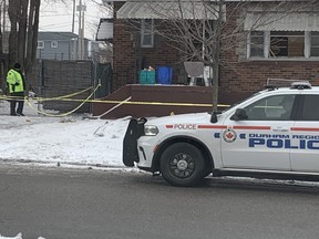 Durham Regional Police at the scene on Kitchener Ave. Tuesday, Jan. 23, 2024 after a man was found with obvious trauma and died.