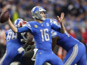 Jared Goff of the Detroit Lions looks to pass against the Tampa Bay Buccaneers during the third quarter of the NFC Divisional Playoff game at Ford Field on Jan. 21, 2024 in Detroit, Mich.