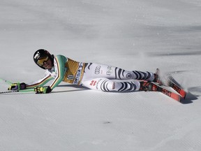 Germany's Kira Weidle falls during an alpine ski, women's World Cup downhill race, in Cortina d'Ampezzo, Italy, Saturday, Jan. 27, 2024.
