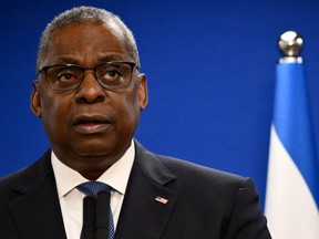 U.S. Secretary of Defence Lloyd Austin speaks during a joint press conference with Israel's defence minister, in Tel Aviv on Dec. 18, 2023.